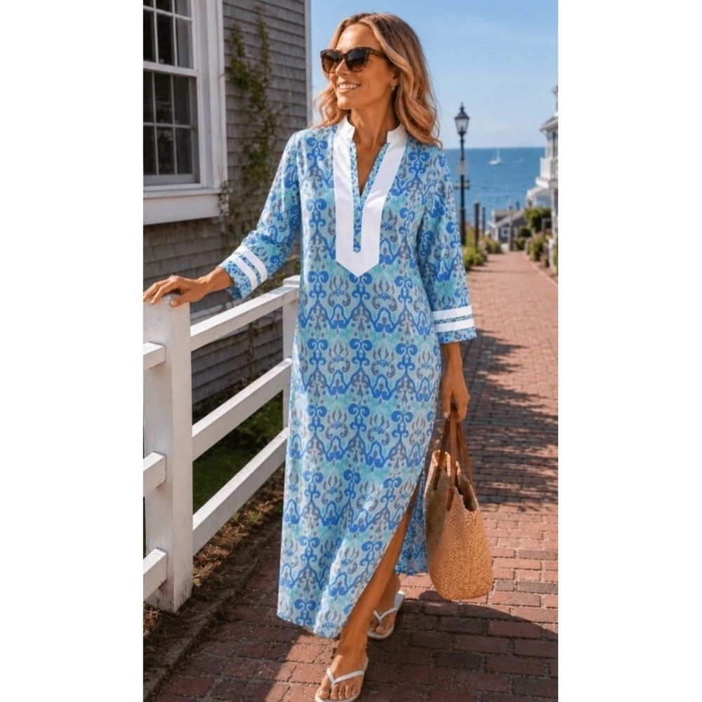 Sail to Sable Blue Teal White Caftan Maxi Tunic Dress Size XXL $188